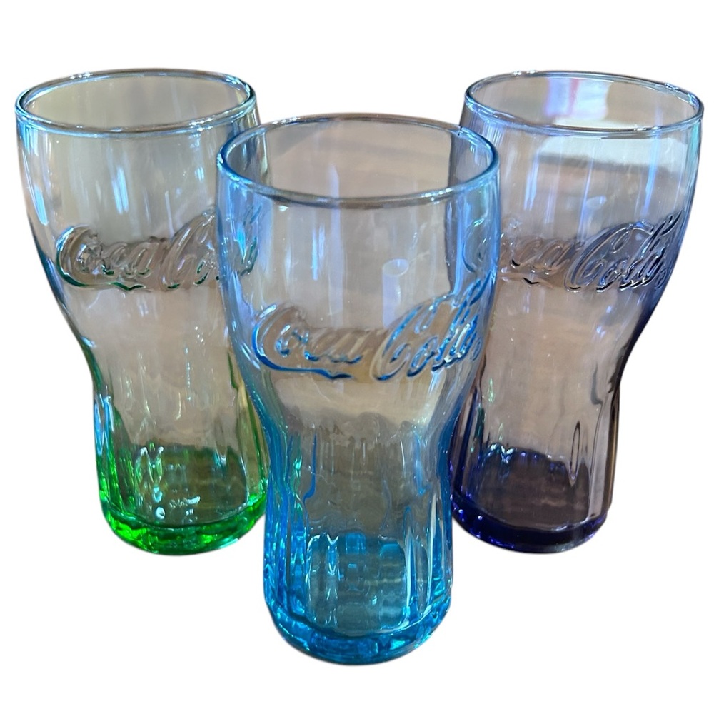 Set‎ of three Coke Glasses Purple Green Blue Coca Cola Collectible